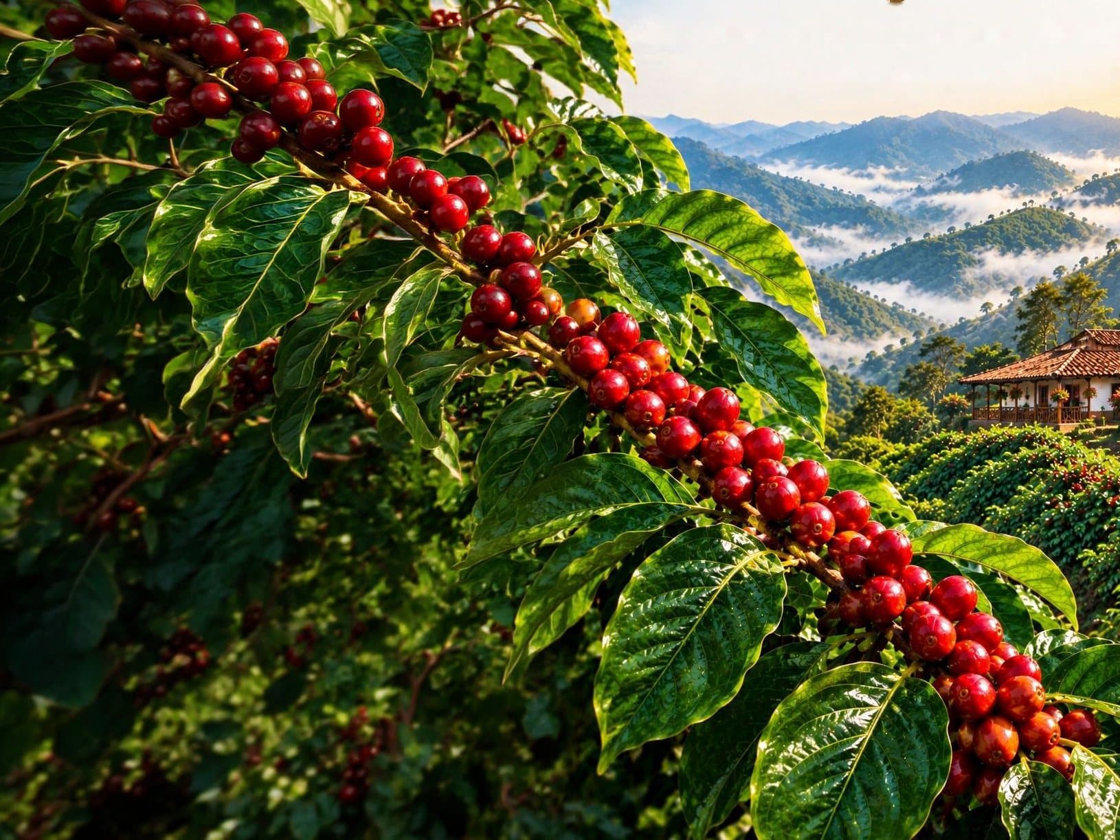A coffee branch laden with ripe red cherries