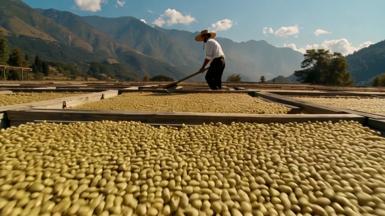 Coffee drying on patios beneath the mountains