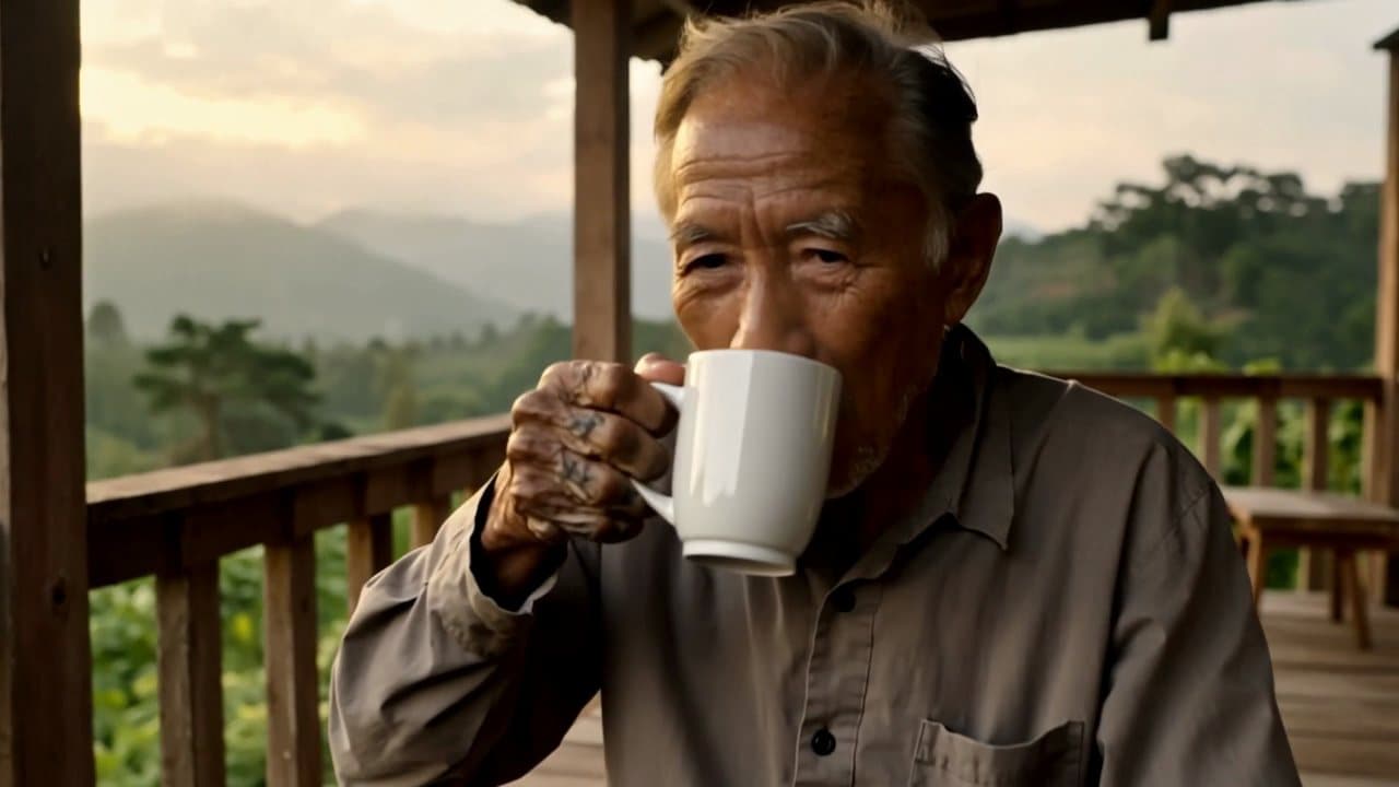 A coffee farmer enjoying a cup on the porch