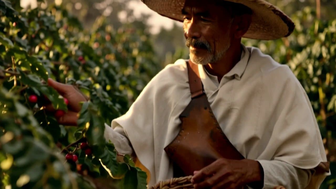 A Colombian coffee farmer picking ripe cherries by hand