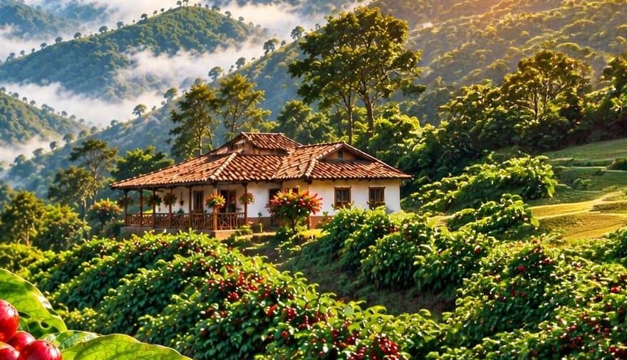 A traditional Colombian finca among coffee trees