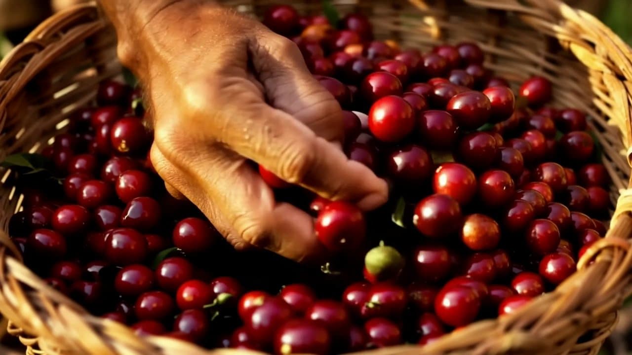 A hand sorting ripe red coffee cherries in a woven basket