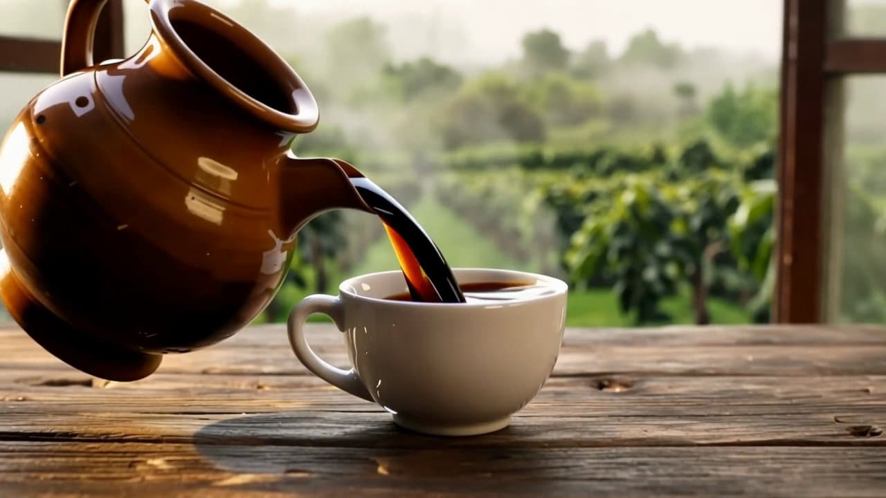 Fresh coffee poured into a white cup