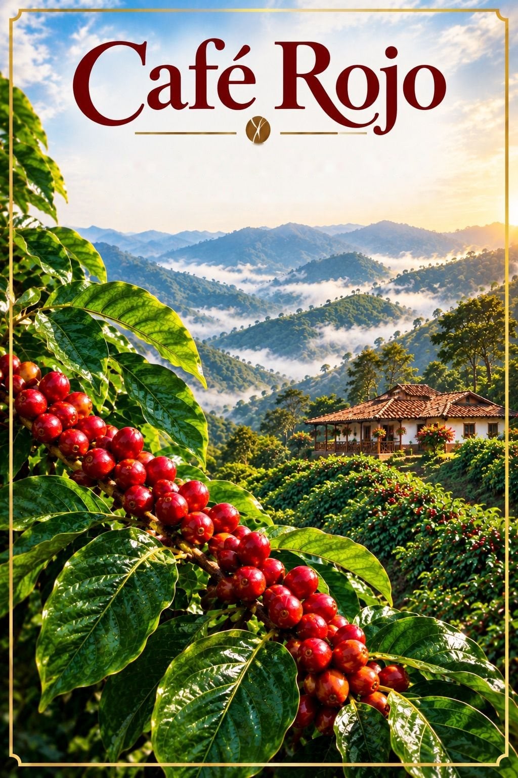 Café Rojo — ripe red coffee cherries, misty Colombian mountains and a traditional finca