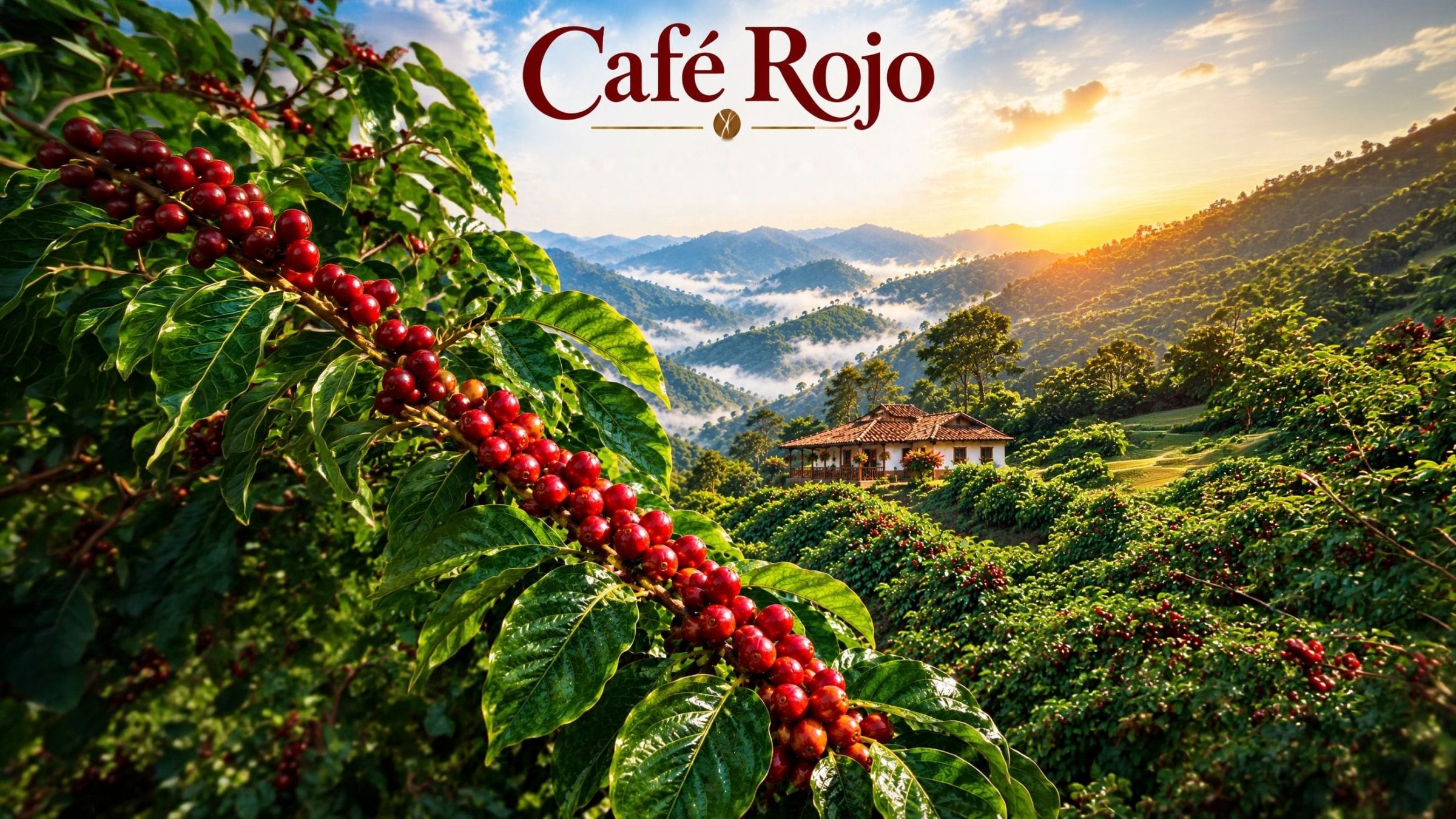 Café Rojo — a coffee branch heavy with ripe red cherries above the misty mountains of Colombia, with a traditional finca among the coffee trees